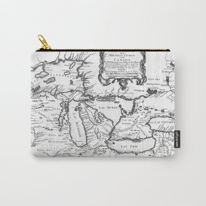 Vintage Map of The Great Lakes (1755) BW Carry All Pouch Gallery Image 1