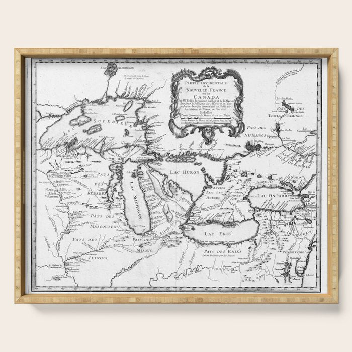 Vintage Map of The Great Lakes (1755) BW Serving Tray Gallery Image 1