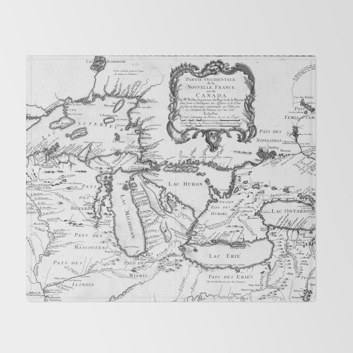 Vintage Map of The Great Lakes (1755) BW Throw Blanket Gallery Image 2
