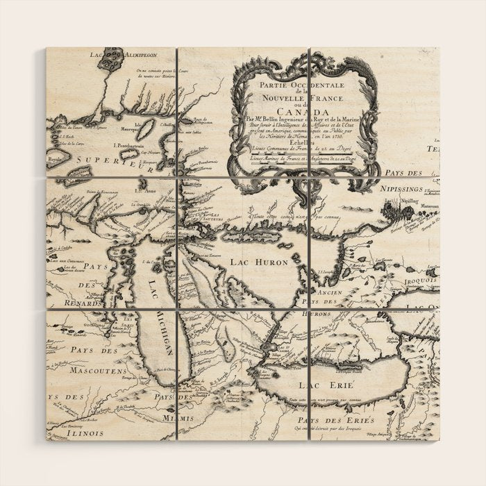 Vintage Map of The Great Lakes (1755) BW Wood Wall Art Gallery Image 1