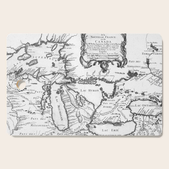 Vintage Map of The Great Lakes (1755) BW Cutting Board Gallery Image 1
