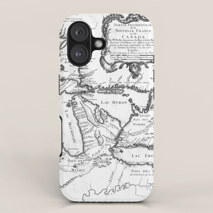 Vintage Map of The Great Lakes (1755) BW iPhone Case Gallery Image 1
