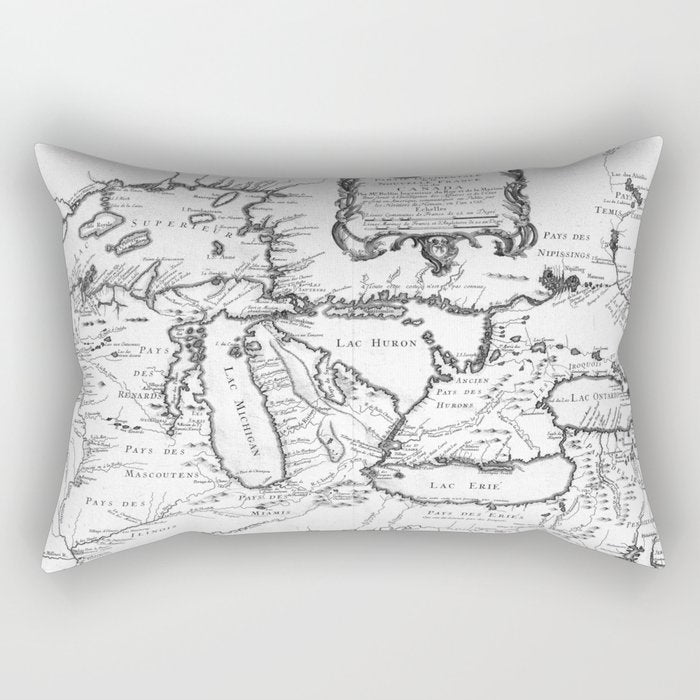Vintage Map of The Great Lakes (1755) BW Rectangular Pillow Gallery Image 2