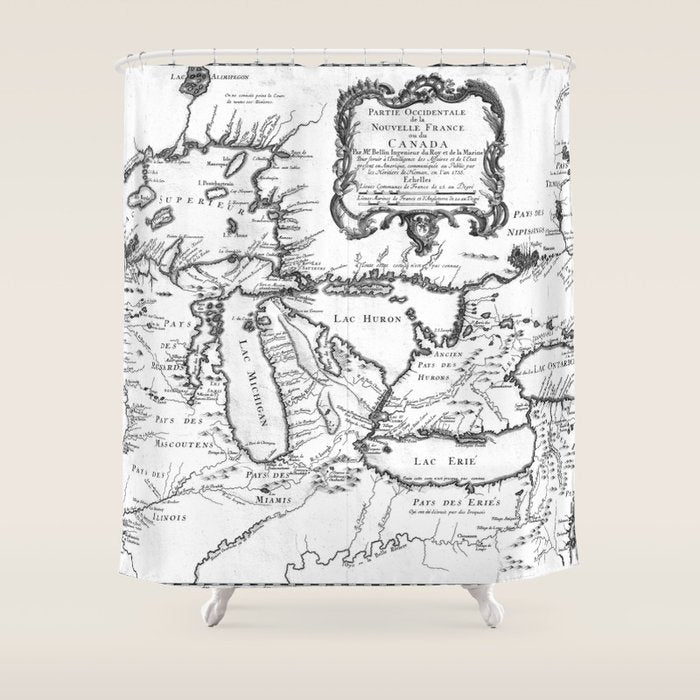 Vintage Map of The Great Lakes (1755) BW Shower Curtain Gallery Image 1