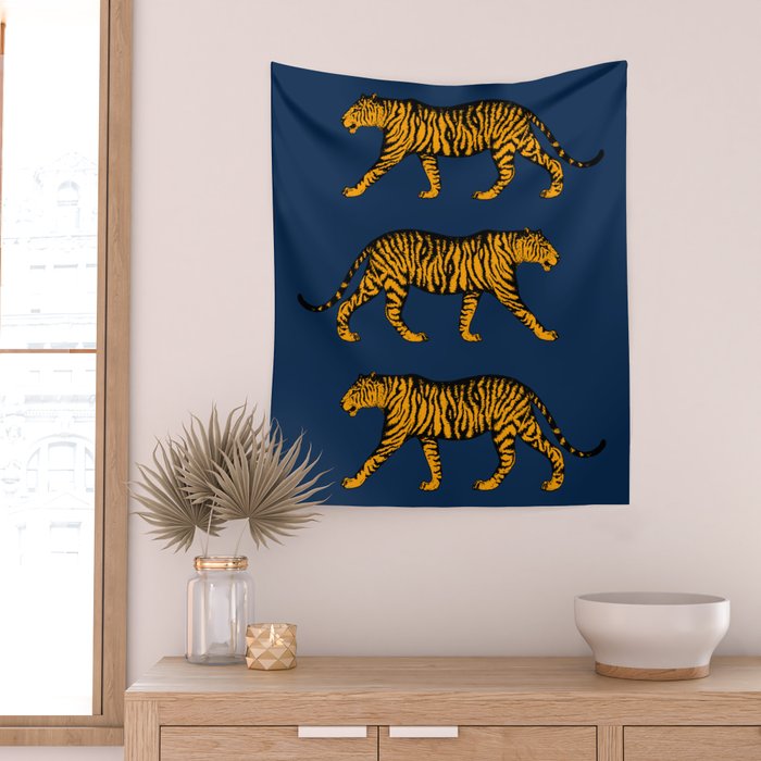 Tigers (Navy Blue and Marigold) Wall Tapestry Gallery Image 2