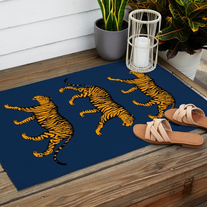 Tigers (Navy Blue and Marigold) Outdoor Rug Gallery Image 2