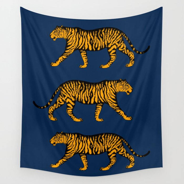 Tigers (Navy Blue and Marigold) Wall Tapestry Gallery Image 1