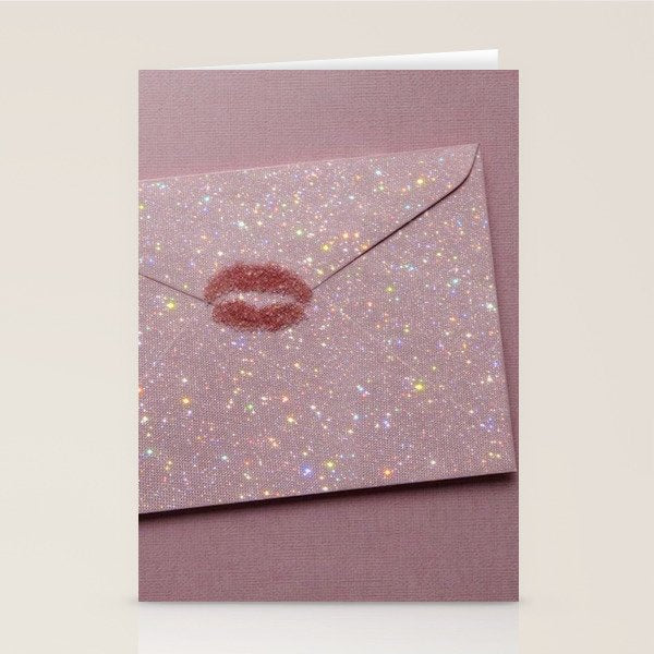 LOVE LETTER | kiss | lips | write | art | collage | pastel | pink | diamonds | sparkle | stars  Stationery Card Gallery Image 2