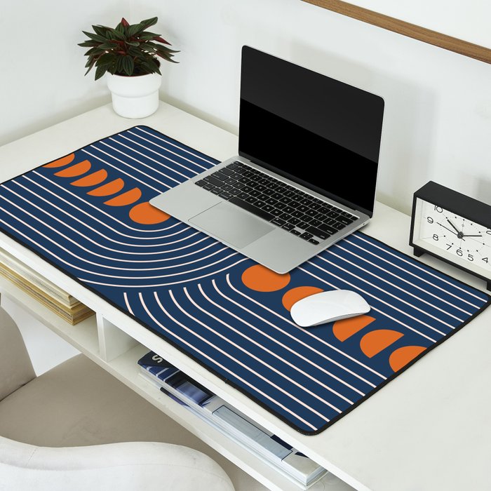Geometric Lines in Navy and Orange (Rainbow and Moon Phases Abstract) Desk Mat Gallery Image 2