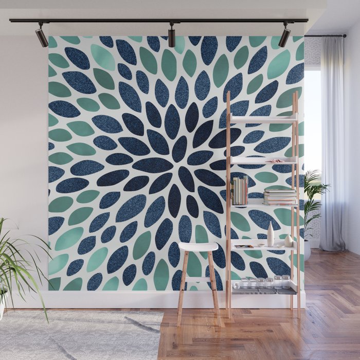 Flower Bloom, Aqua and Navy Wall Mural Gallery Image 1