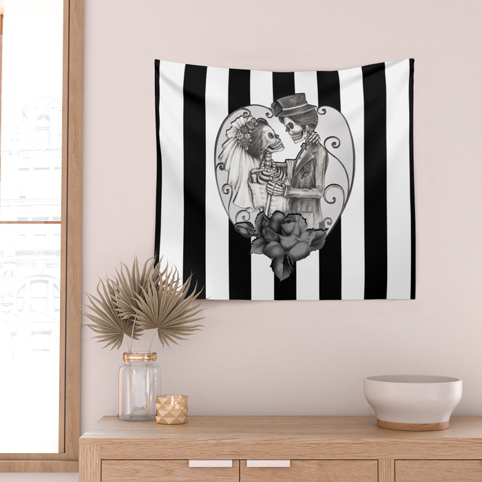 Striped Skeleton Love Couple Marriage Dance Wall Tapestry Gallery Image 2