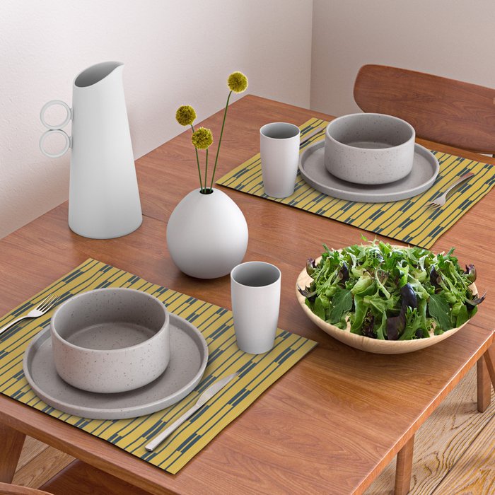 Geometric Striped Geo Chain Vertical Pattern in Light Mustard Yellow and Navy Blue Placemat Gallery Image 2