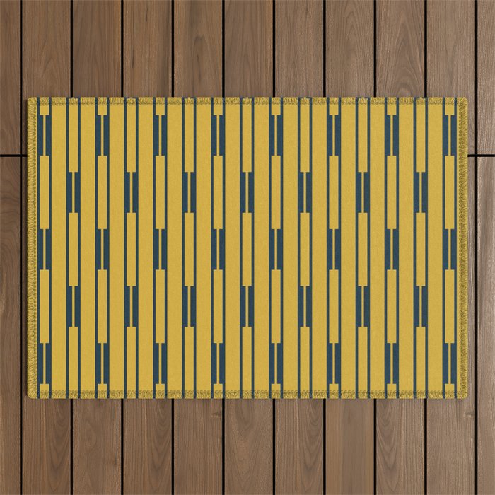 Geometric Striped Geo Chain Vertical Pattern in Light Mustard Yellow and Navy Blue Outdoor Rug Gallery Image 1