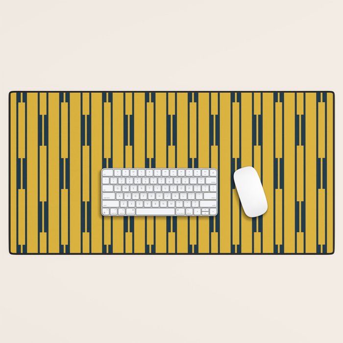 Geometric Striped Geo Chain Vertical Pattern in Light Mustard Yellow and Navy Blue Desk Mat Gallery Image 1