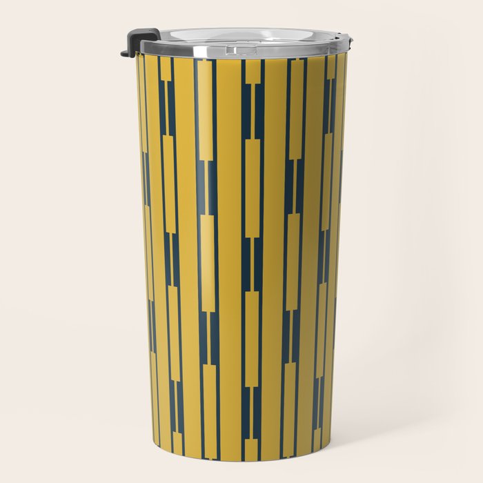 Geometric Striped Geo Chain Vertical Pattern in Light Mustard Yellow and Navy Blue Travel Mug Gallery Image 3