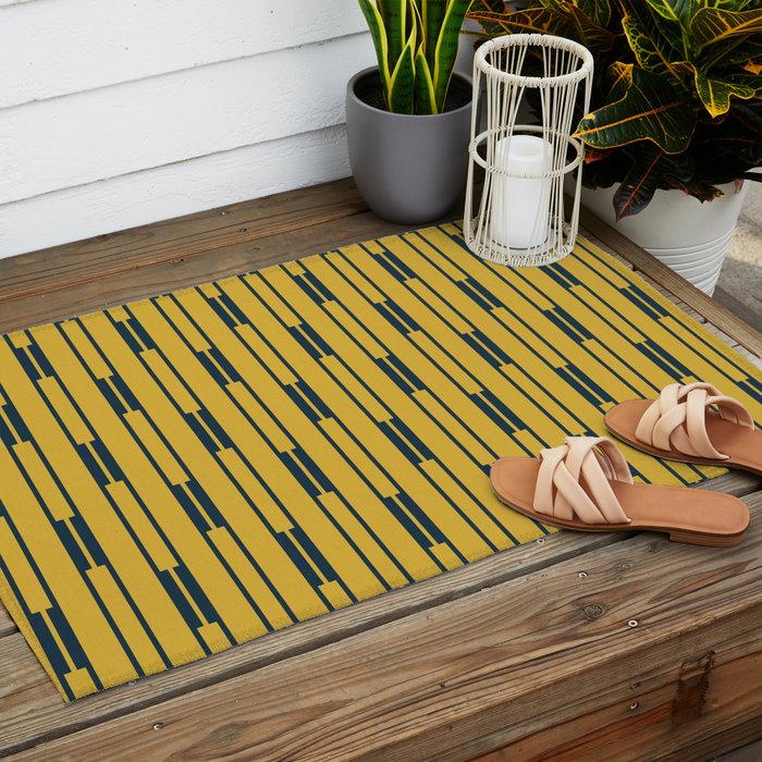 Geometric Striped Geo Chain Vertical Pattern in Light Mustard Yellow and Navy Blue Outdoor Rug Gallery Image 2