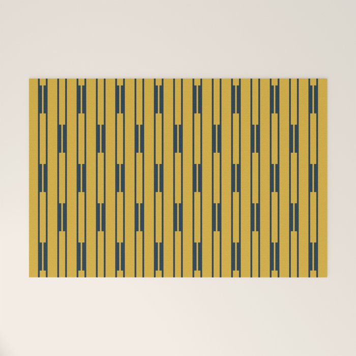 Geometric Striped Geo Chain Vertical Pattern in Light Mustard Yellow and Navy Blue Welcome Mat Gallery Image 1