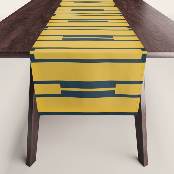 Geometric Striped Geo Chain Vertical Pattern in Light Mustard Yellow and Navy Blue Table Runner Gallery Image 1