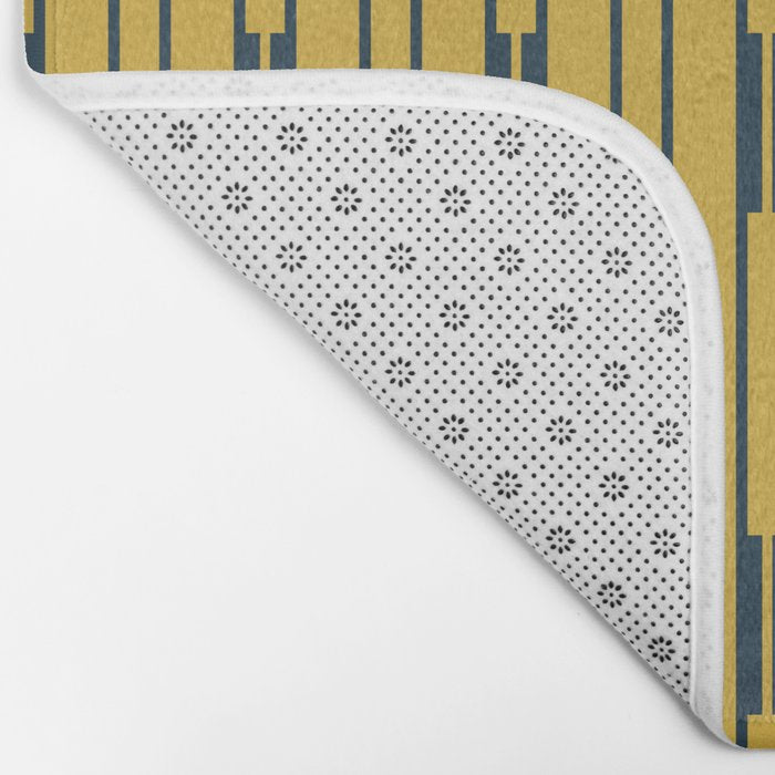 Geometric Striped Geo Chain Vertical Pattern in Light Mustard Yellow and Navy Blue Bath Mat Gallery Image 2