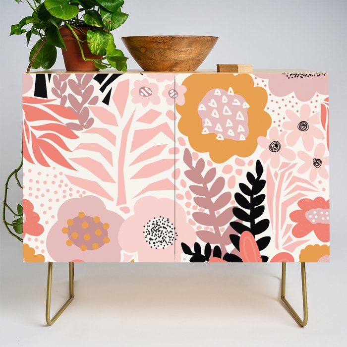 Large Pastel Floral Pattern Orange Pink White Black Gold Meadow Credenza Gallery Image 1
