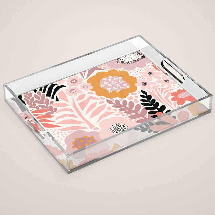 Large Pastel Floral Pattern Orange Pink White Black Gold Meadow Acrylic Tray Gallery Image 1