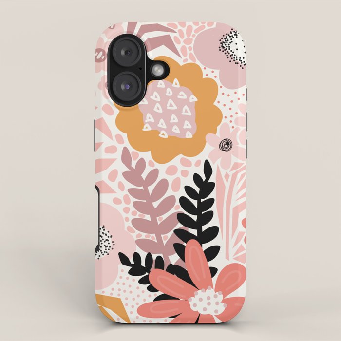 Large Pastel Floral Pattern Orange Pink White Black Gold Meadow iPhone Case Gallery Image 1