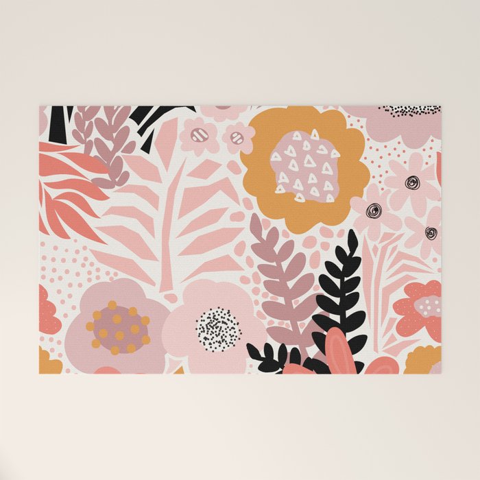 Large Pastel Floral Pattern Orange Pink White Black Gold Meadow Welcome Mat Gallery Image 1