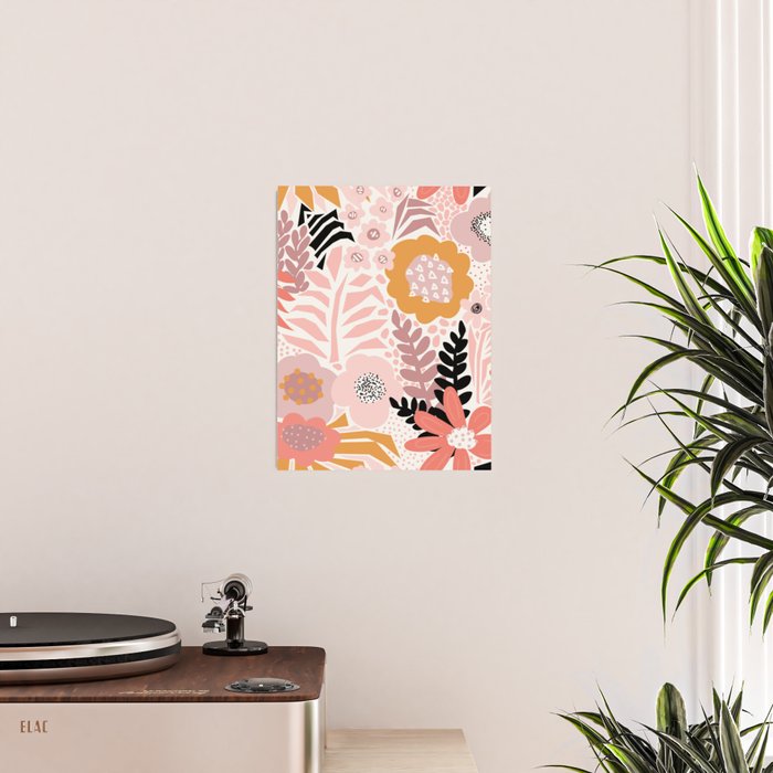 Large Pastel Floral Pattern Orange Pink White Black Gold Meadow Poster Gallery Image 2