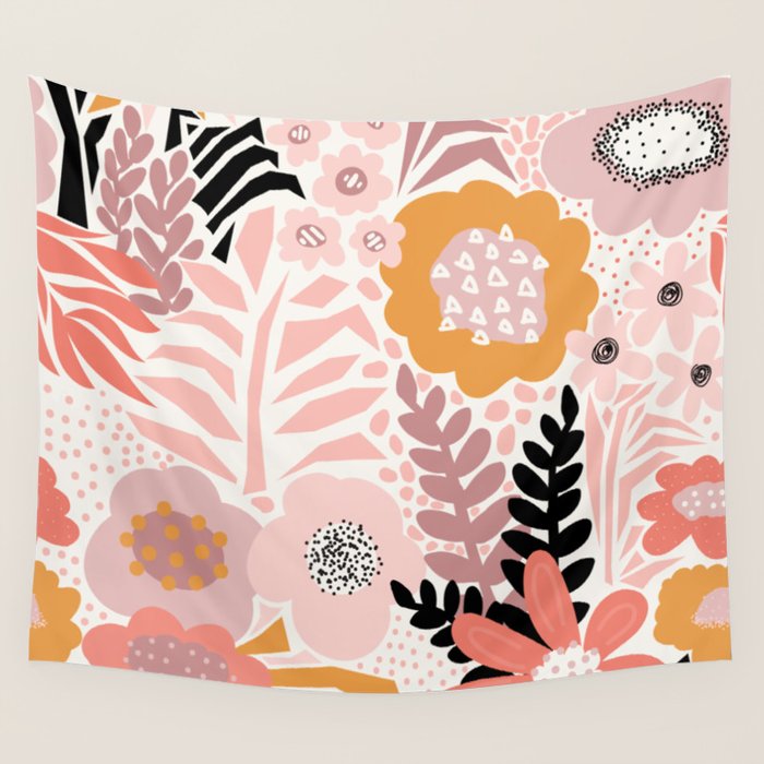 Large Pastel Floral Pattern Orange Pink White Black Gold Meadow Wall Tapestry Gallery Image 4