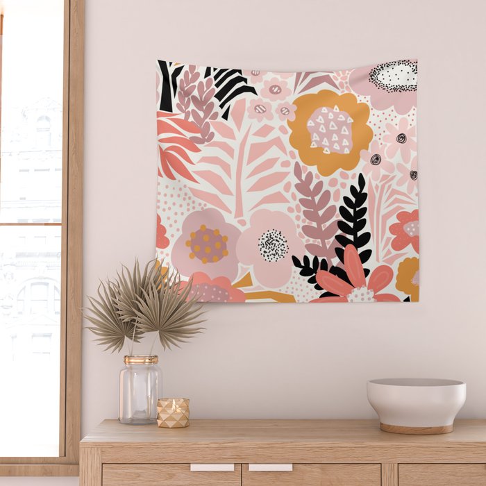 Large Pastel Floral Pattern Orange Pink White Black Gold Meadow Wall Tapestry Gallery Image 2