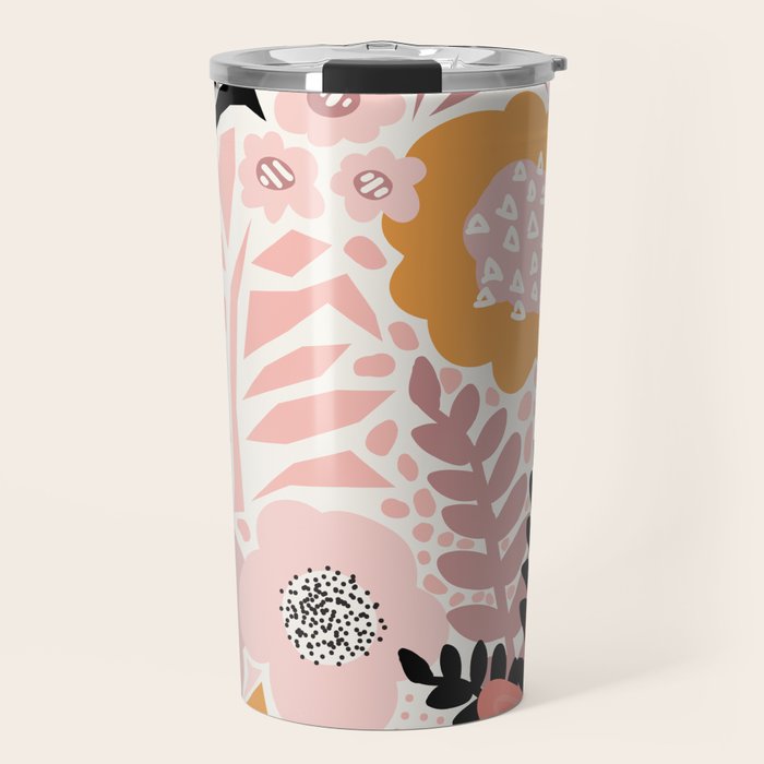 Large Pastel Floral Pattern Orange Pink White Black Gold Meadow Travel Mug Gallery Image 1