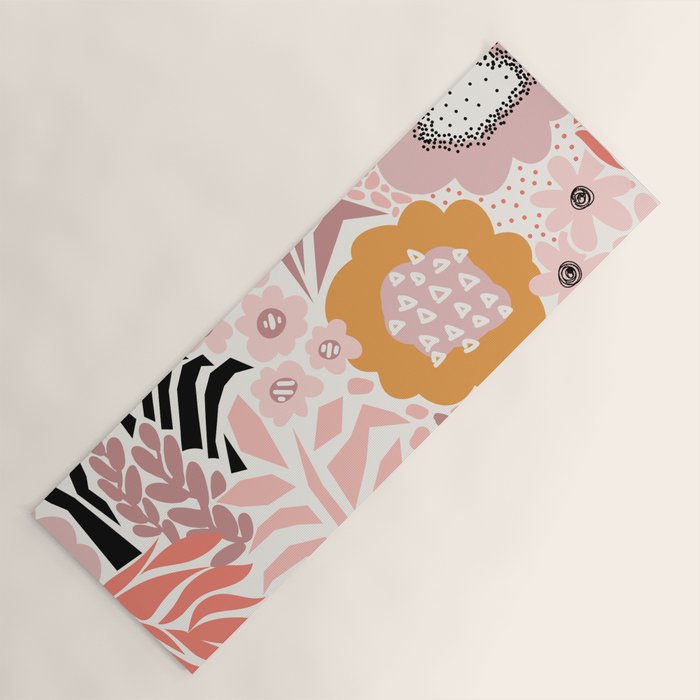 Large Pastel Floral Pattern Orange Pink White Black Gold Meadow Yoga Mat Gallery Image 1