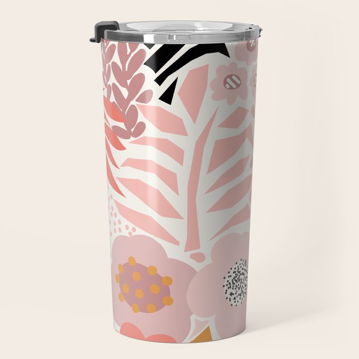 Large Pastel Floral Pattern Orange Pink White Black Gold Meadow Travel Mug Gallery Image 3