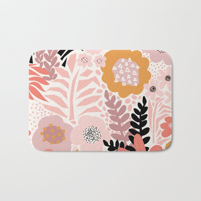 Large Pastel Floral Pattern Orange Pink White Black Gold Meadow Bath Mat Gallery Image 1