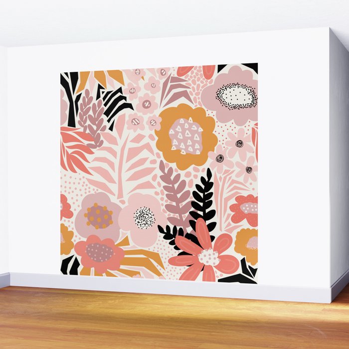 Large Pastel Floral Pattern Orange Pink White Black Gold Meadow Wall Mural Gallery Image 2