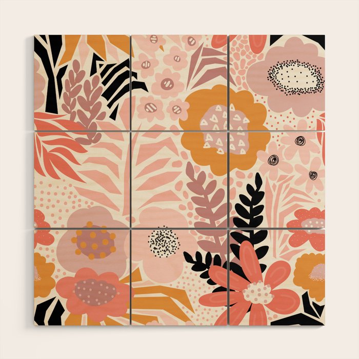 Large Pastel Floral Pattern Orange Pink White Black Gold Meadow Wood Wall Art Gallery Image 1