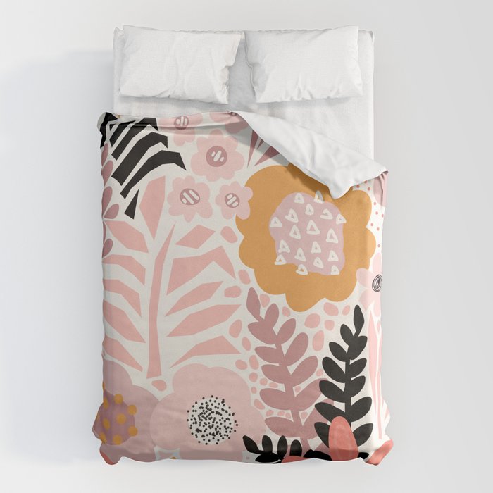 Large Pastel Floral Pattern Orange Pink White Black Gold Meadow Duvet Cover Gallery Image 6