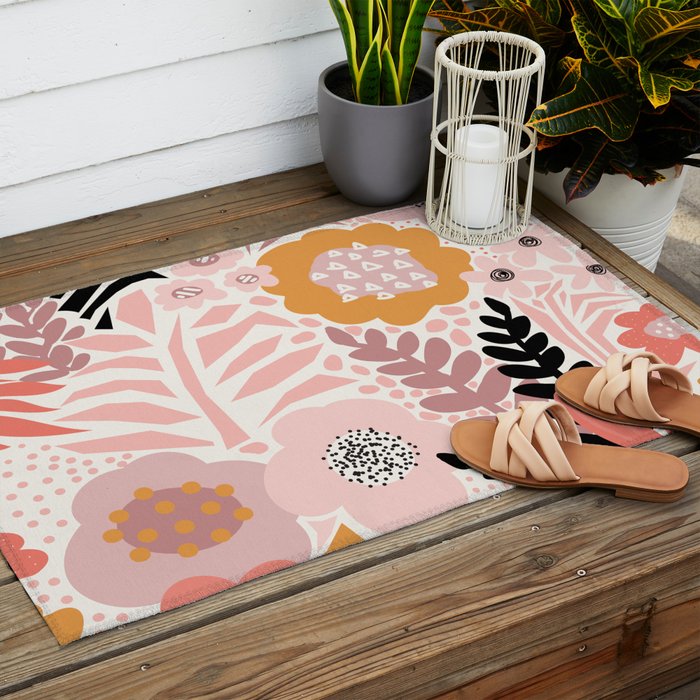 Large Pastel Floral Pattern Orange Pink White Black Gold Meadow Outdoor Rug Gallery Image 2