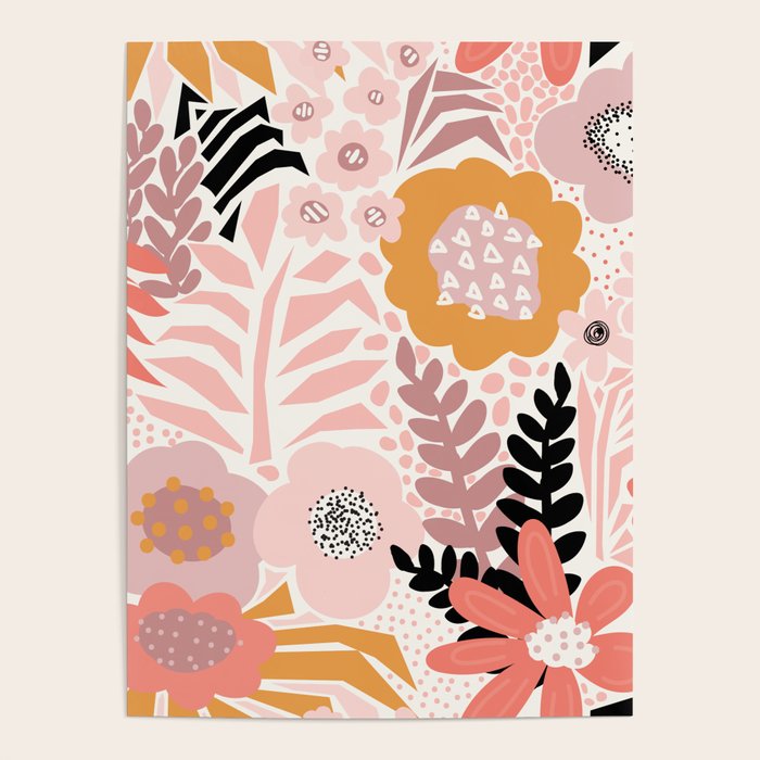Large Pastel Floral Pattern Orange Pink White Black Gold Meadow Poster Gallery Image 1