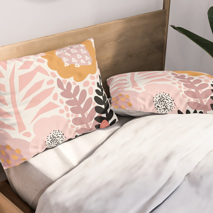 Large Pastel Floral Pattern Orange Pink White Black Gold Meadow Pillow Sham Gallery Image 2