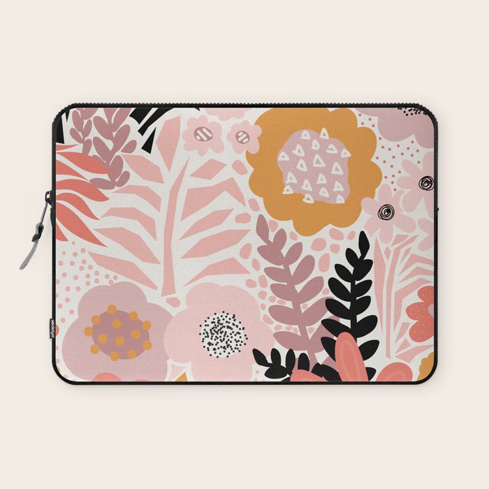 Large Pastel Floral Pattern Orange Pink White Black Gold Meadow Laptop Sleeve Gallery Image 1