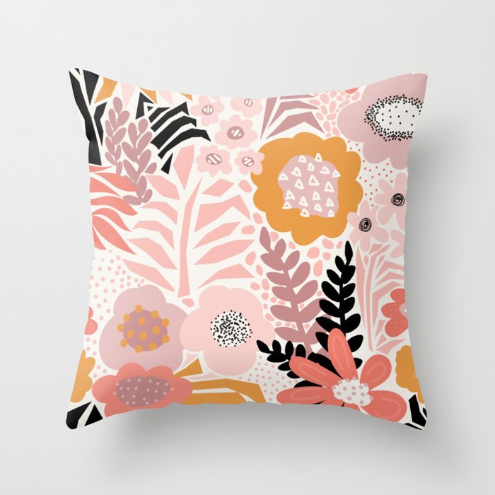 Large Pastel Floral Pattern Orange Pink White Black Gold Meadow Throw Pillow Gallery Image 6