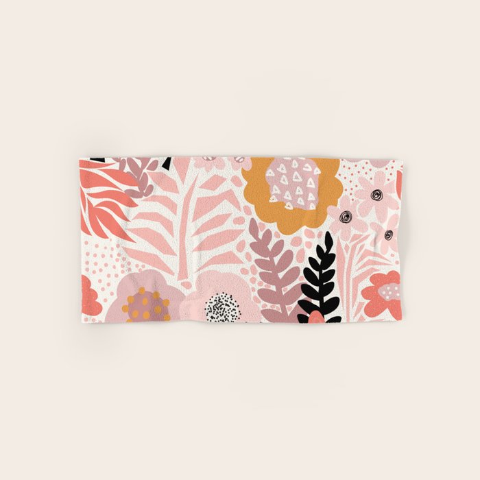 Large Pastel Floral Pattern Orange Pink White Black Gold Meadow Bath Towel Gallery Image 1