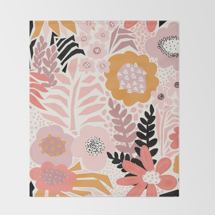 Large Pastel Floral Pattern Orange Pink White Black Gold Meadow Throw Blanket Gallery Image 2