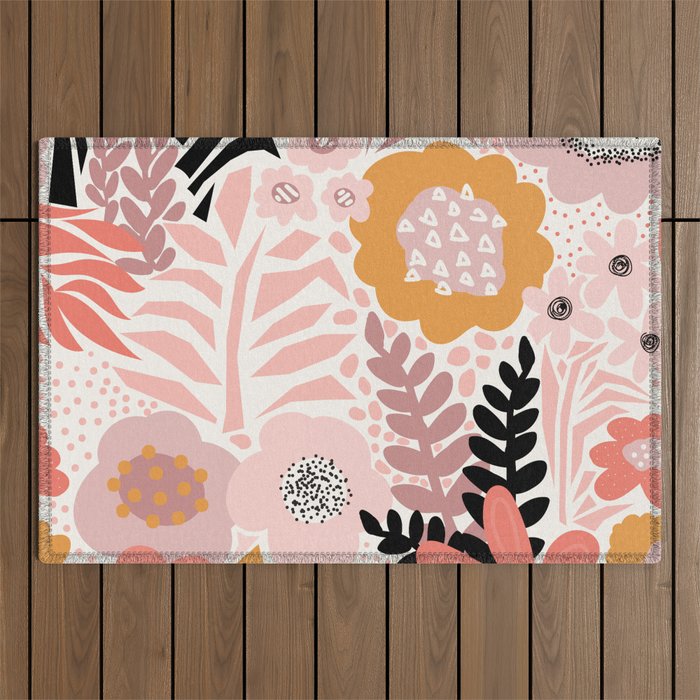 Large Pastel Floral Pattern Orange Pink White Black Gold Meadow Outdoor Rug Gallery Image 1