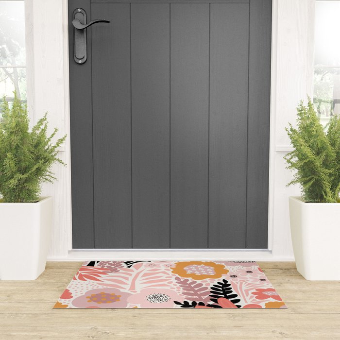 Large Pastel Floral Pattern Orange Pink White Black Gold Meadow Welcome Mat Gallery Image 3