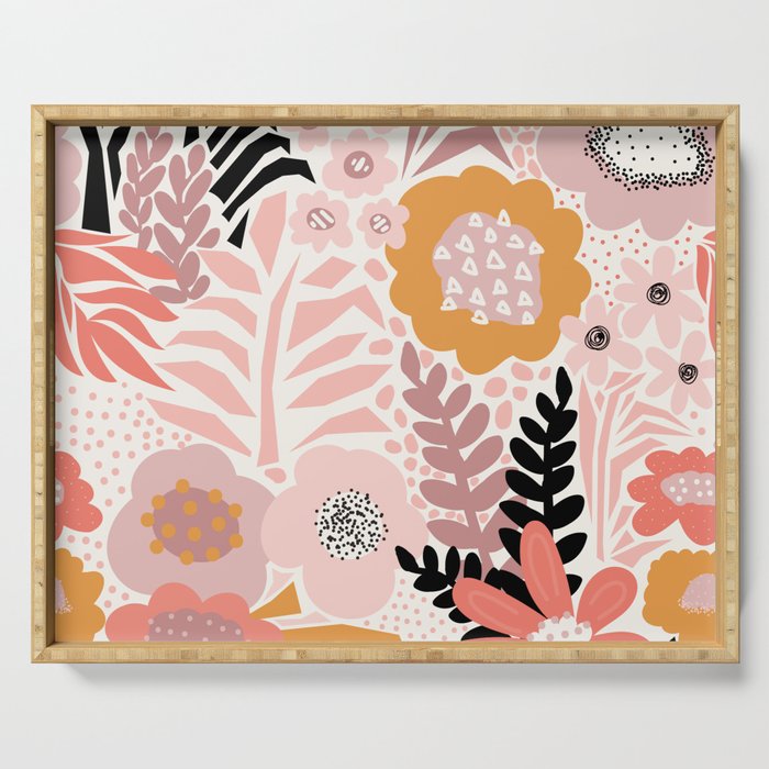 Large Pastel Floral Pattern Orange Pink White Black Gold Meadow Serving Tray Gallery Image 1