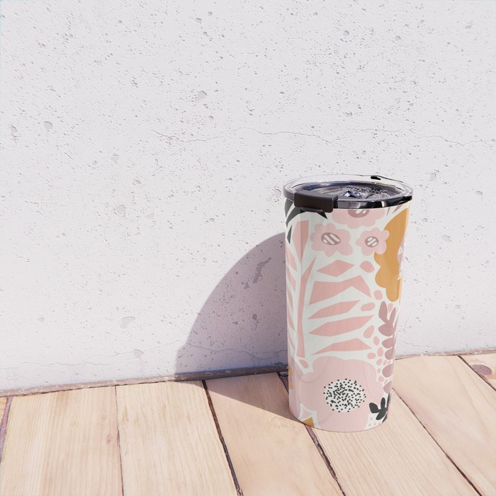 Large Pastel Floral Pattern Orange Pink White Black Gold Meadow Travel Mug Gallery Image 4