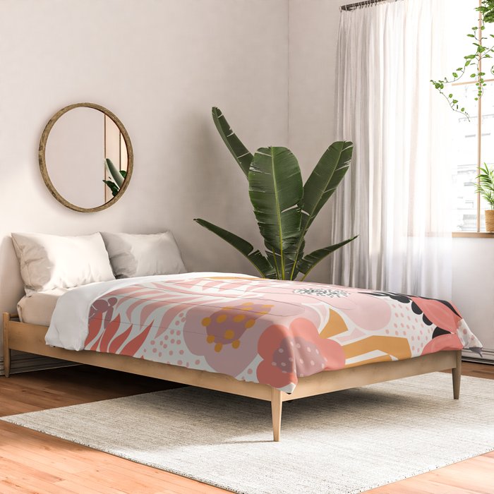 Large Pastel Floral Pattern Orange Pink White Black Gold Meadow Comforter Gallery Image 2