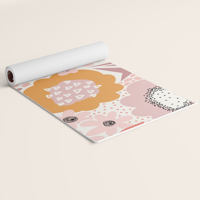 Large Pastel Floral Pattern Orange Pink White Black Gold Meadow Yoga Mat Gallery Image 2